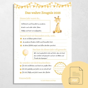 The True Giraffe Report Card | Personal Printable PDF Report Card | Loving Parent Report Card for Children | End-of-School Gift