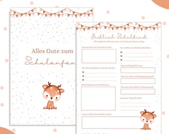 Guest book card for school enrollment, deer motif, 1st day of school, schoolchild, digital PDF, to fill out, guest cards, school enrollment ceremony, unisex