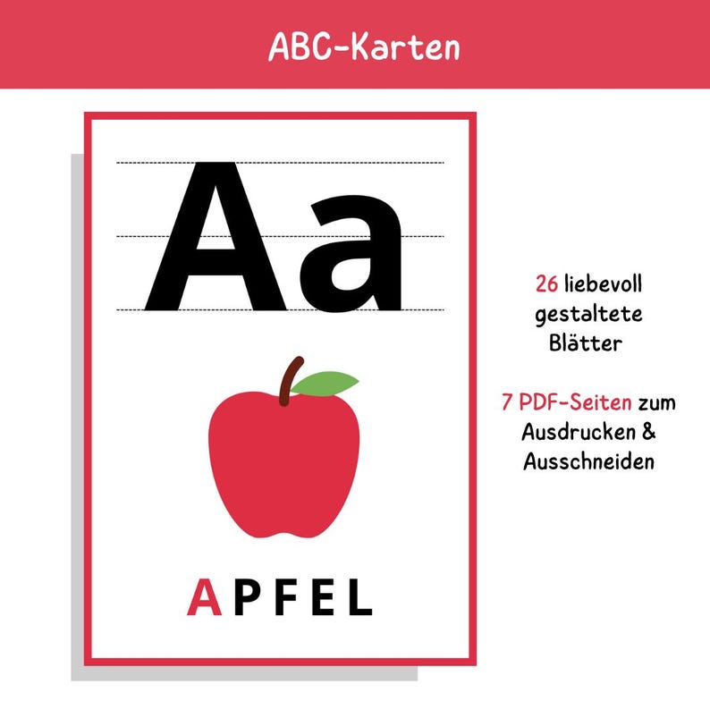 ABC Karten zum Ausdrucken – Deutsch, Buchstaben lernen mit Bildern und