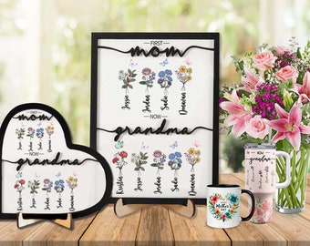 First Mom Now Grandma Wooden Sign Frame, Mother Day Wooden Sign Frame, Mom Gift, Personalized Flower Birth Month Garden Wooden Sign Frame