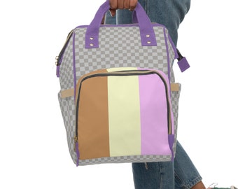Neapolitan backpack purple trim backpack custom grey pattern backpack Neapolitan backpacker multifunctional travel bag for babies or dog mom