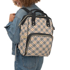 Beige Plaid Backpack Black Trim Beige Backpack Plaid Custom 