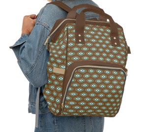 Native backpack brown custom backpack Aztek American backpack turquoise pattern backpacker travel bag storage for bottles or baby or dogs