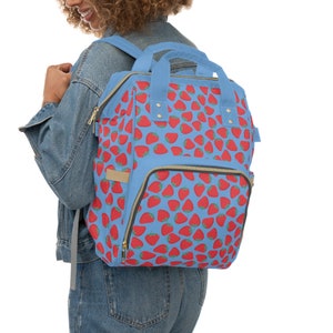 Strawberry backpack pattern blue trim backpack strawberry two tone backpacker multifunctional light blue travel bag for babies for dog mom