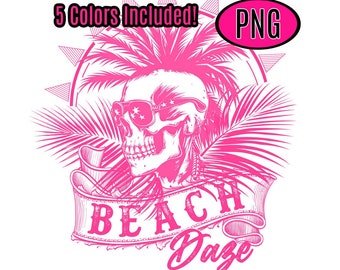 PNG Beach Daze Summer Skull Palm Tree Design Bundle Neon Pink Hot Pink Teal White Beachy Vacation Boardwalk Cruise Tropical PNG Designs