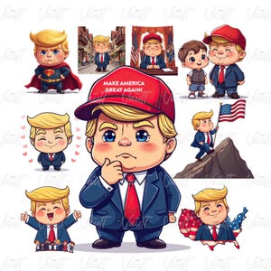 Paquete de dibujos animados lindos de Trump PNG / Diseños de Trump para niños / PNG patriótico para niños / Donald Trump niño PNG / Kawaii Trump / Caricatura de Donald Trump