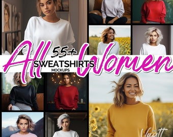 Puede incluir: Un collage de fotos que muestran a mujeres usando diferentes sudaderas en varios colores y estilos. El texto "All 55+ Sweatshirts Mockups Women" está superpuesto sobre las imágenes.