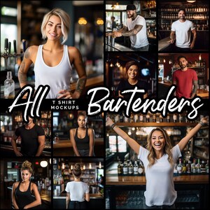 May include: A collection of t-shirt mockups featuring various people working as bartenders in a bar setting. The mockups are ideal for showcasing designs on t-shirts.