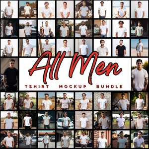 Könnte beinhalten: Eine Sammlung von 48 Bildern, die Männer in verschiedenen Posen und Umgebungen zeigen, die weiße T-Shirts tragen. Die Bilder sind in einem Raster angeordnet und der Text "All Men T-shirt Mockup Bundle" wird unten angezeigt.