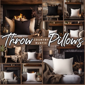 May include: A collage of images featuring various throw pillows in a rustic country setting. The pillows are in different colors and patterns, including white, black, and beige. The images show the pillows in various settings, such as on a couch, a chair, and a bed. The text "Throw Pillows Country Rustic" is superimposed on the images.