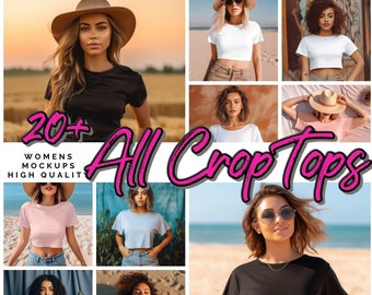 20+ Crop Top T Shirt Mockup Womens Cropped top Mock up Bundle, Beach Themed Mockup Womens tshirt mockup crop top t shirt summer mockup tee