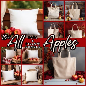 15+ Tote & Throw Pillow Mockup Bundle, Pillow Mock Up, Canvas Tote Mockup, Fall Mockup, Apple Themed Mockup Pillow, Pillow Tote Mockup