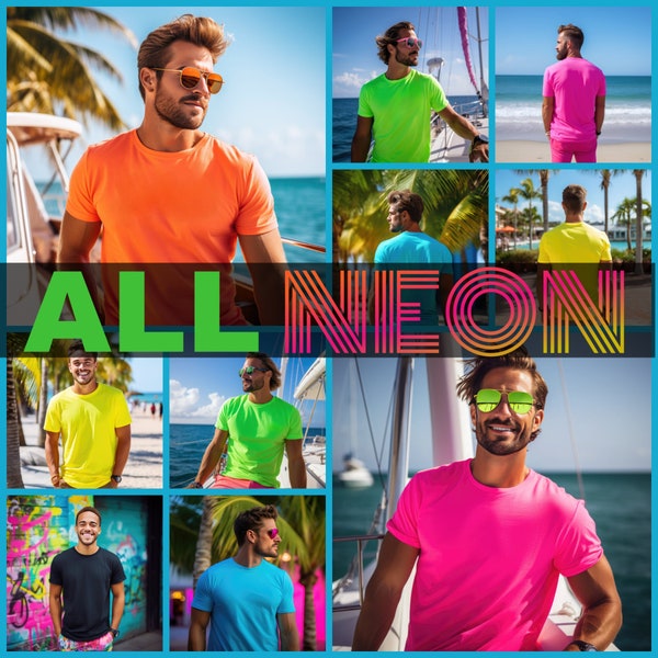 Mens Neon T Shirt Mockup Bundle Fluorescent T Shirt Mock up Safety Color shirt Mockup Bundle Mens T shirt, Retro Colored Neon t shirt mockup