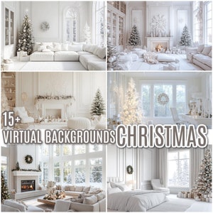 Può includere: Una collezione di oltre 15 sfondi virtuali con un tema natalizio bianco. Gli sfondi includono una varietà di stanze decorate con alberi di Natale bianchi, caminetti e altri decori festivi.