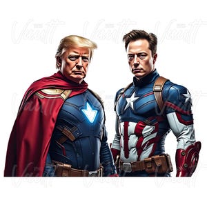 PNG Elon Musk Donald Trump Supereroe Design / Iron Man Capitan America / Trump e Musk / Design Donald Trump PNG Elon Musk Doge MAGA