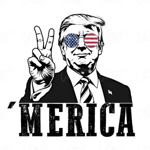 May include: Black and white illustration of a person with blonde hair wearing sunglasses with an American flag design. The person is giving a peace sign and the text 'MERICA' is below the image.