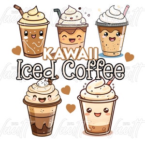 May include: Five cartoon iced coffee cups with whipped cream and smiling faces. The text "KAWAII Iced Coffee" is written below the cups.
