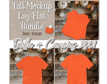 Bella Canvas 3001 Lay Flat Mockups in Orange Bundle Folded Front Back Mockup Fall Themed Mockups for T Shirt Orange T Shirt Mockup Pumpkins