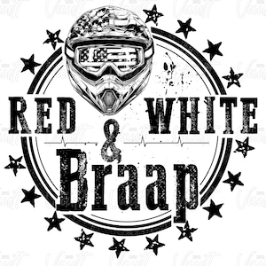 May include: Black and white graphic design with a motorcycle helmet, stars, and the text "Red & White Braap".