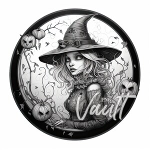 May include: A black and white illustration of a witch wearing a pointed hat and holding a pumpkin. The witch is surrounded by vines and pumpkins. The image is in a circle with a black border.