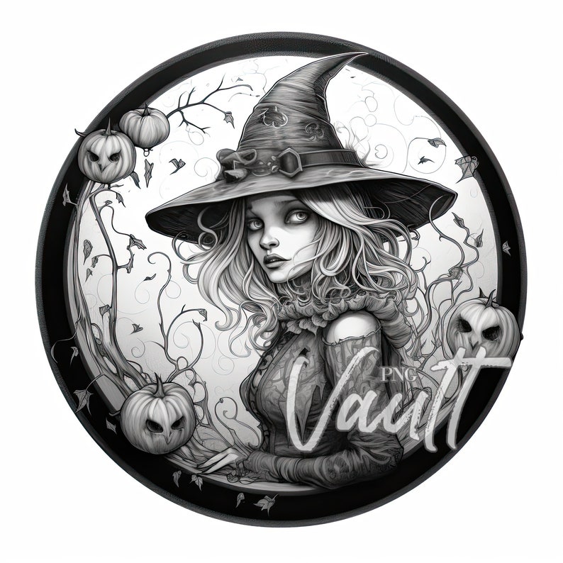 May include: A black and white illustration of a witch wearing a pointed hat and holding a pumpkin. The witch is surrounded by vines and pumpkins. The image is in a circle with a black border.