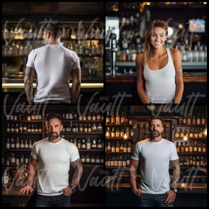 May include: Four people wearing white t-shirts stand in front of a bar with shelves of liquor bottles. The bar has a dark wood countertop and a dark wood backsplash. The people are all looking at the camera.
