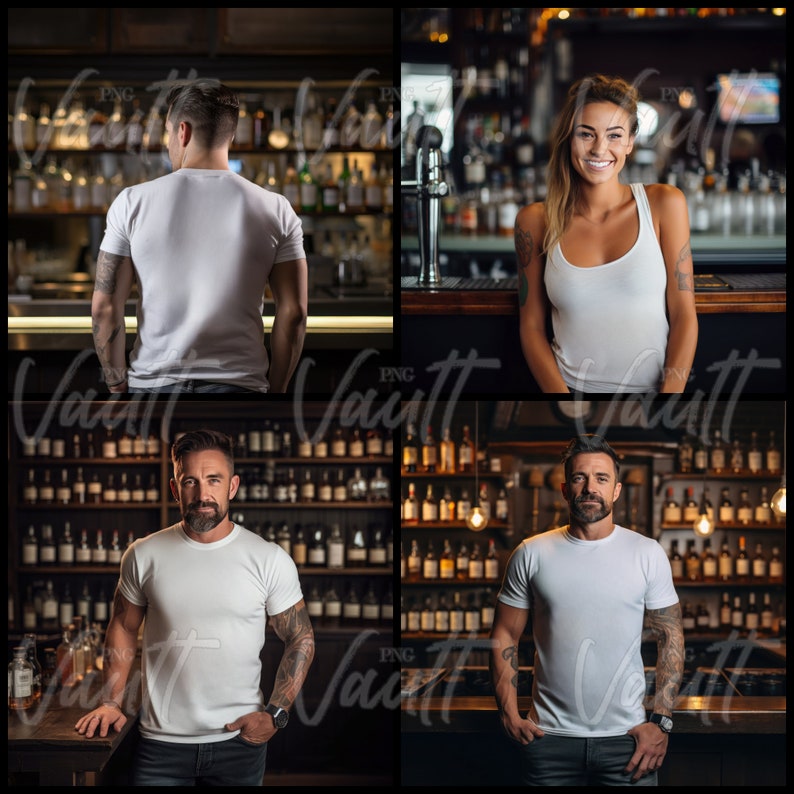 May include: Four people wearing white t-shirts stand in front of a bar with shelves of liquor bottles. The bar has a dark wood countertop and a dark wood backsplash. The people are all looking at the camera.