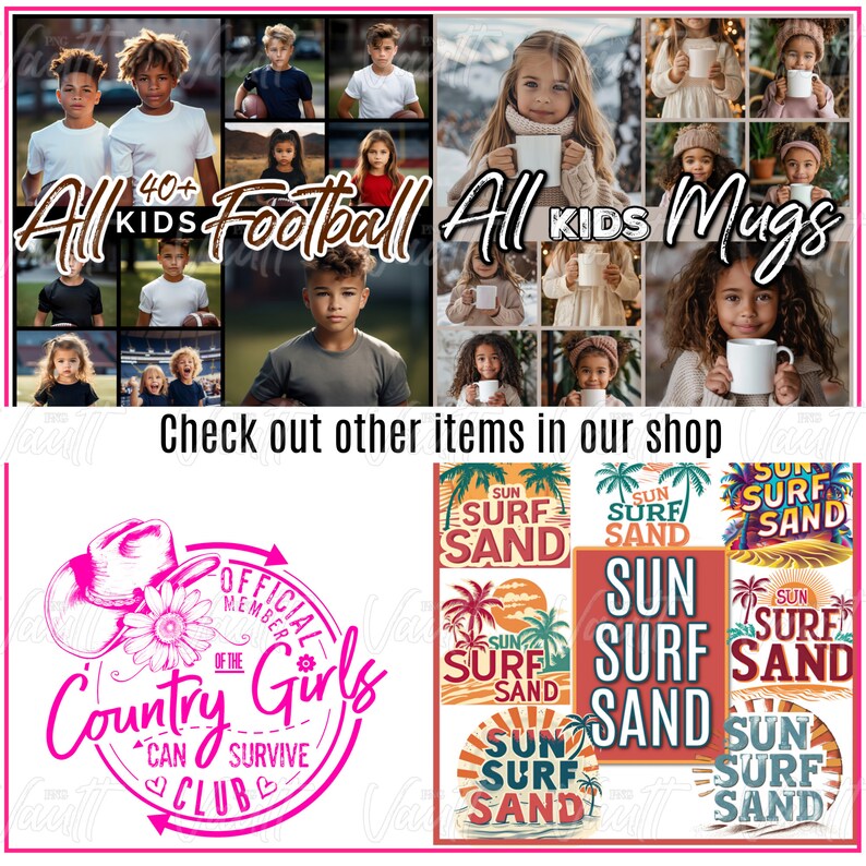 May include: A collage of images featuring children wearing football jerseys and holding mugs. The text "All Kids Football" and "All Kids Mugs" is displayed in the image. The image also includes a pink and white graphic with the text "Official Member of the Country Girls Can Survive Club".