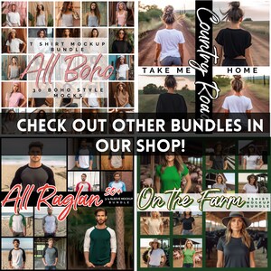Puede incluir: Una imagen promocional que muestra varios paquetes de maquetas de camisetas. La imagen presenta maquetas con modelos que usan diferentes camisetas, incluyendo "All Boho", "All Raglan" y "On The Farm". El texto incluye "&iexcl;Mira otros paquetes en nuestra tienda!"
