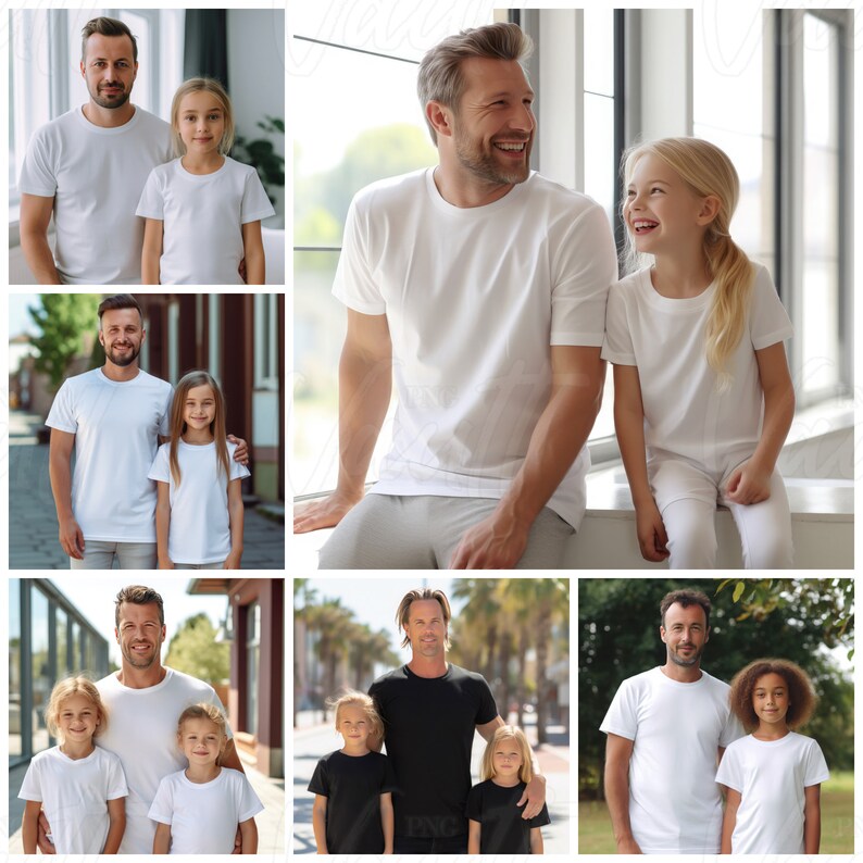 K&ouml;nnte beinhalten: Eine Collage aus sechs Bildern, die Erwachsene und Kinder in wei&szlig;en T-Shirts zeigen. Die Bilder zeigen verschiedene Posen und Umgebungen, darunter Innen- und Au&szlig;enaufnahmen.
