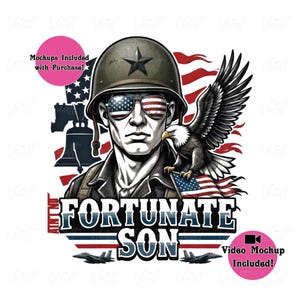 May include: Illustration of a soldier wearing a helmet and sunglasses with an American flag design. An eagle and the text "FORTUNATE SON" are also featured. The image has a patriotic theme with red, white, and blue colors.