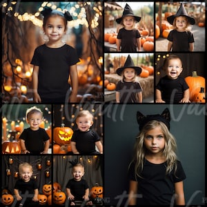 May include: A group of children dressed in Halloween costumes, including witches, a cat, and a vampire. They are posing in front of a backdrop of pumpkins and autumn foliage.