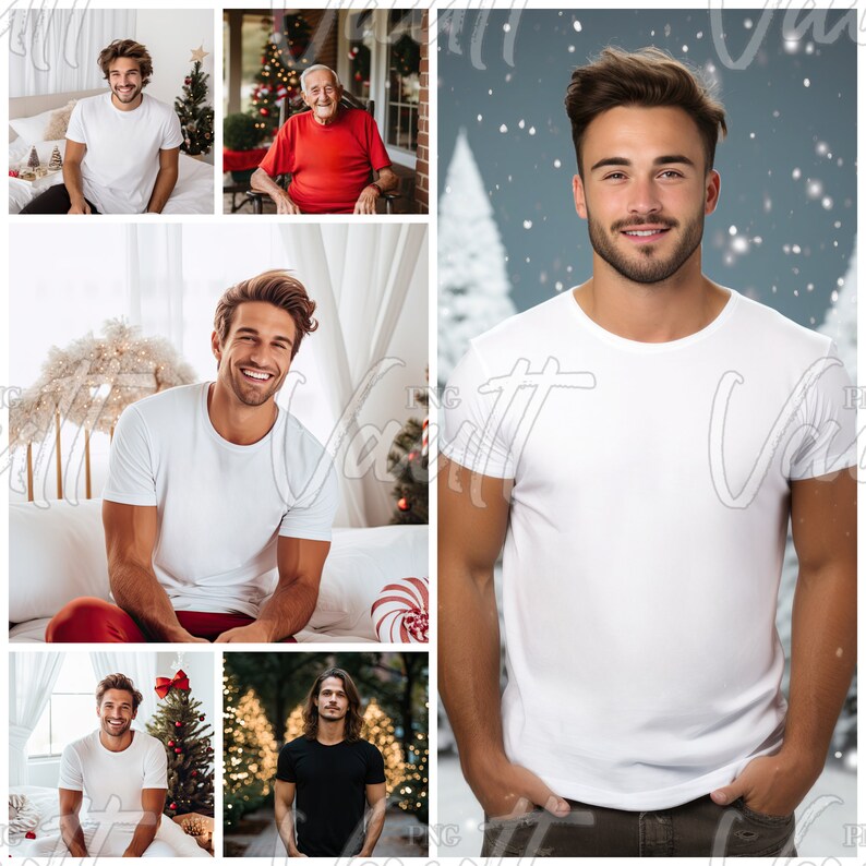 May include: A collage of images featuring men wearing white t-shirts in various settings. One image shows a man sitting on a bed with a Christmas tree in the background. Another image shows a man standing in a snowy forest. The remaining images show men in different poses and settings.