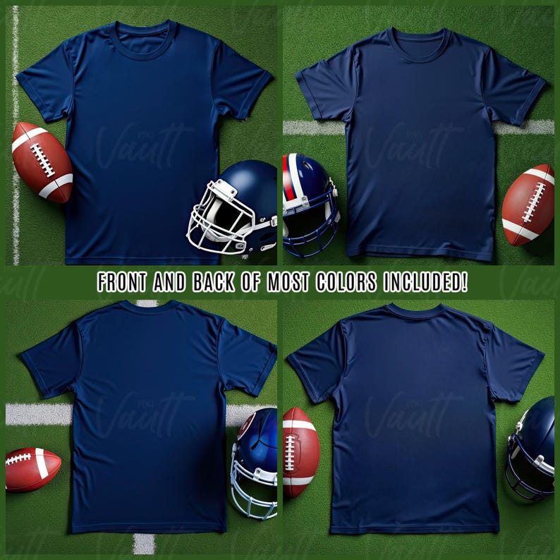 May include: A navy blue t-shirt with short sleeves. The front and back of the shirt are shown. The shirt is on a green background with a football and a football helmet.
