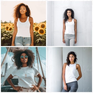 K&ouml;nnte beinhalten: Vier Frauen tragen wei&szlig;e Tanktops. Die Frauen stehen in verschiedenen Umgebungen, darunter ein Sonnenblumenfeld, eine wei&szlig;e Wand und ein Boot.