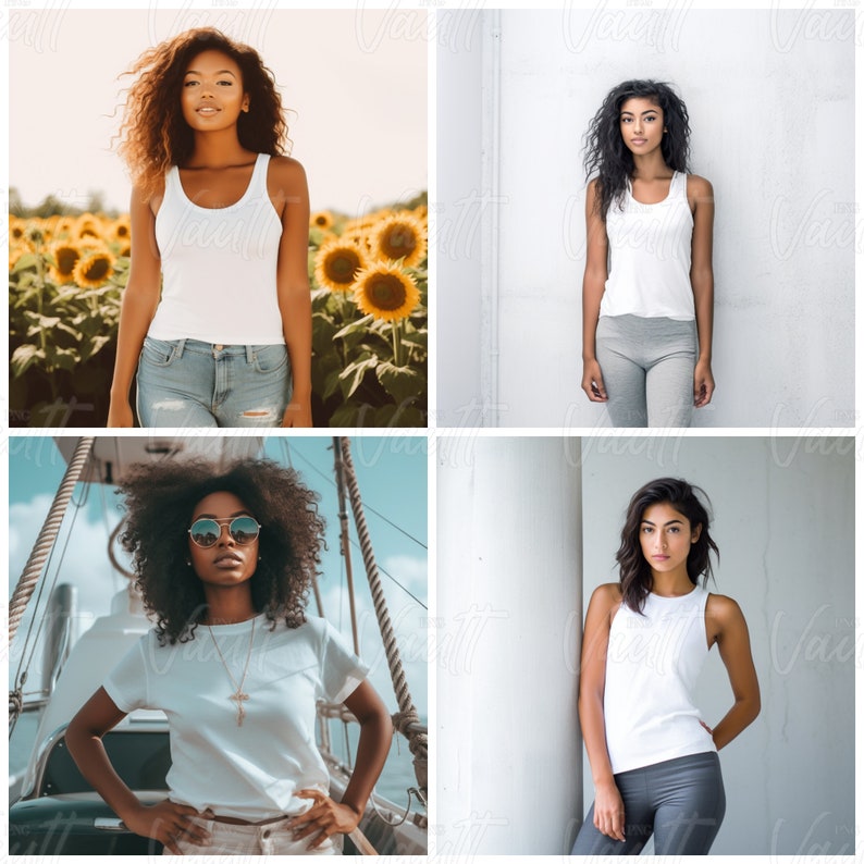 K&ouml;nnte beinhalten: Vier Frauen tragen wei&szlig;e Tanktops. Die Frauen stehen in verschiedenen Umgebungen, darunter ein Sonnenblumenfeld, eine wei&szlig;e Wand und ein Boot.