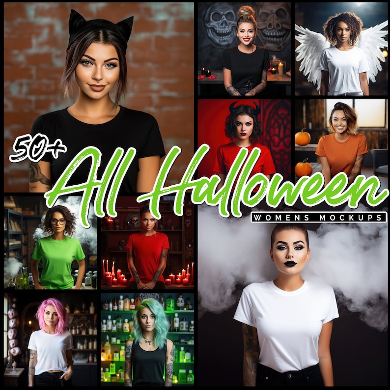 May include: A collection of 50+ Halloween themed mockups featuring women wearing various t-shirts and tops. The mockups are set against different backgrounds, including brick walls, a red background with a devil's horns, and a foggy background.