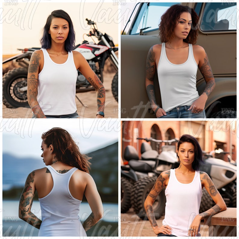 May include: A woman wearing a white tank top with a racerback design. She has tattoos on her arms and is standing in front of a motorbike.