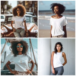 K&ouml;nnte beinhalten: Vier Frauen tragen wei&szlig;e T-Shirts in verschiedenen Stilen. Die Frauen stehen an verschiedenen Orten, darunter ein Strand, eine Stadtstra&szlig;e und ein Boot.