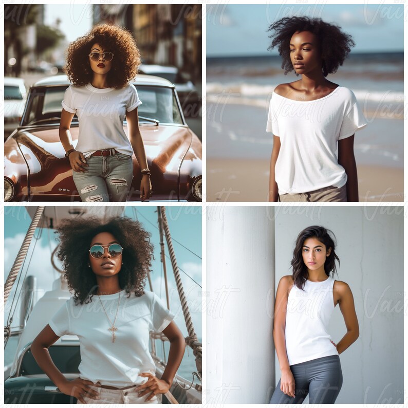 K&ouml;nnte beinhalten: Vier Frauen tragen wei&szlig;e T-Shirts in verschiedenen Stilen. Die Frauen stehen an verschiedenen Orten, darunter ein Strand, eine Stadtstra&szlig;e und ein Boot.