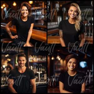 May include: Four people wearing black shirts stand in a bar setting. The bar is dimly lit with string lights and has a wooden countertop. The people are all smiling and looking at the camera.
