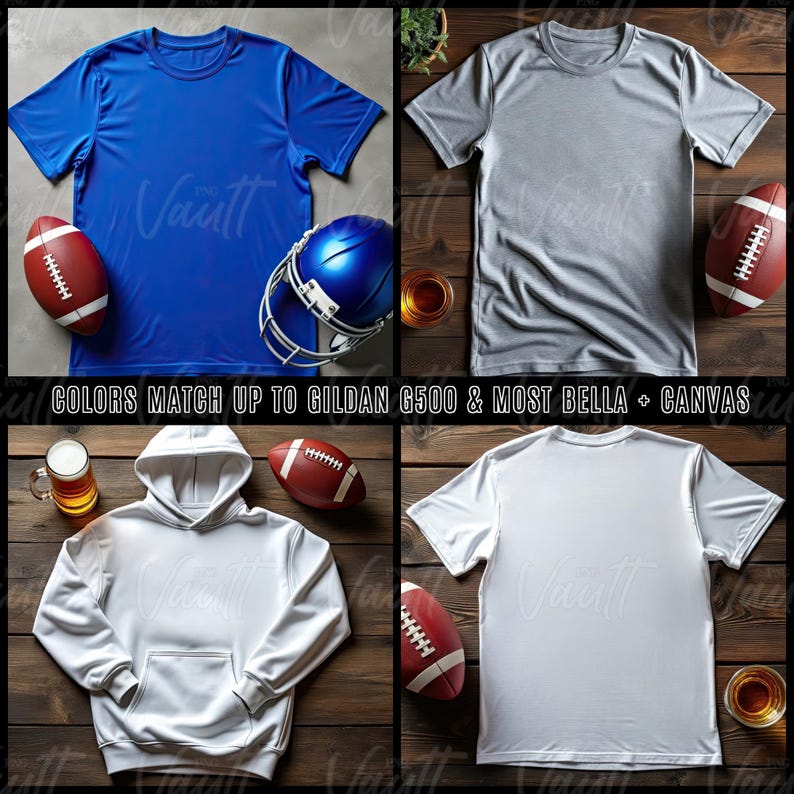 May include: Four different blank apparel items, including a blue t-shirt, a gray t-shirt, a white t-shirt, and a white hoodie. The shirts are all laid out on a wooden surface with footballs and a football helmet.