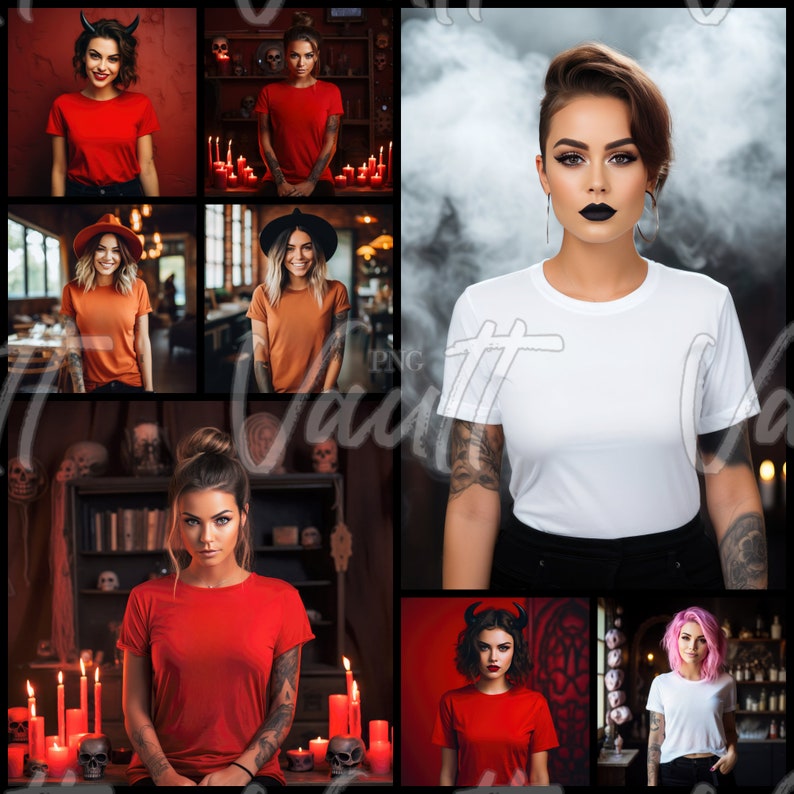 May include: A collage of images featuring people wearing plain white and red t-shirts. The images are set against various backgrounds, including a dark room with candles, a smoky room, and a red room.