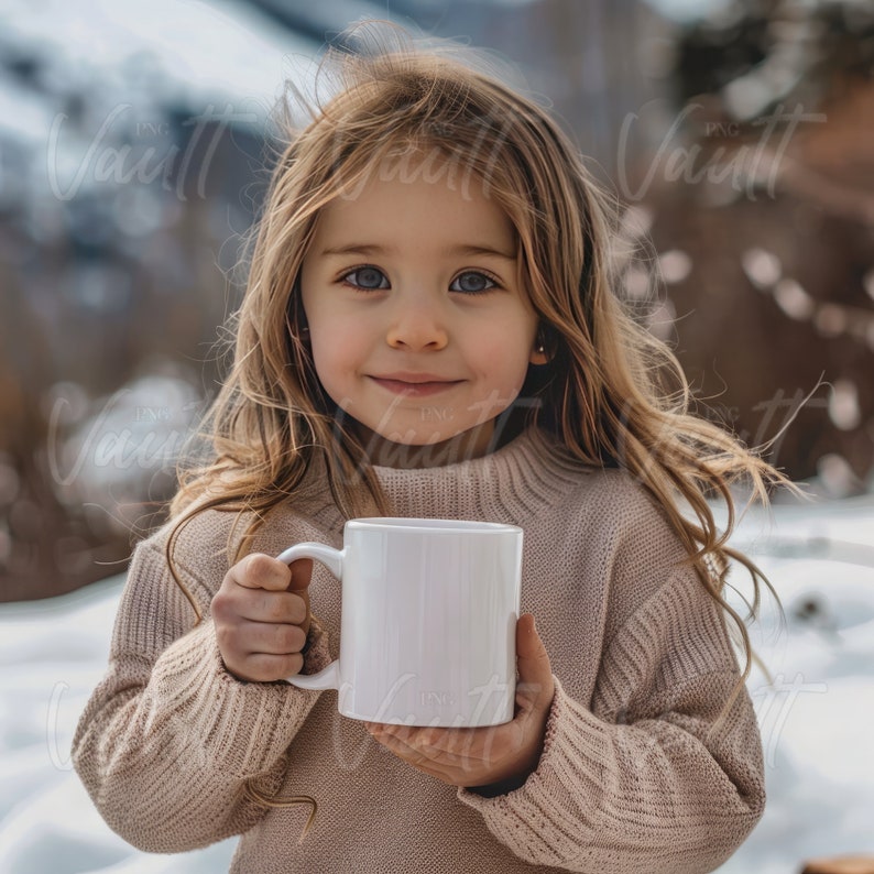 May include: A young girl wearing a beige sweater holds a white ceramic mug with a handle. The mug is blank and ready for personalization.