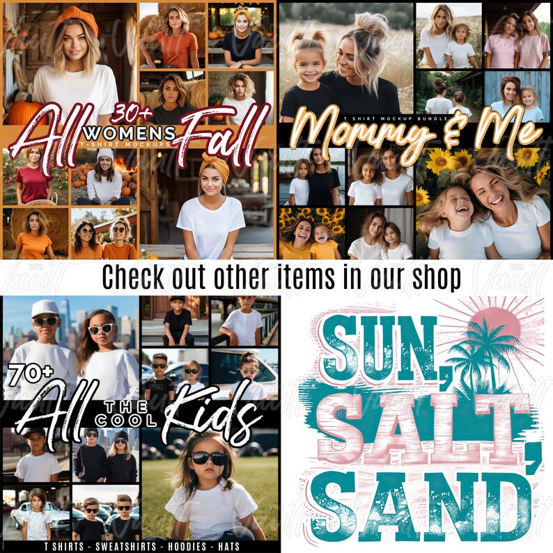 May include: A collage of images featuring t-shirt mockups for adults and children. The images feature various poses and settings, including fall foliage, a beach scene, and a family portrait. The text "30+ Womens T-Shirt Mockups" and "70+ All The Cool Kids" are visible in the collage.