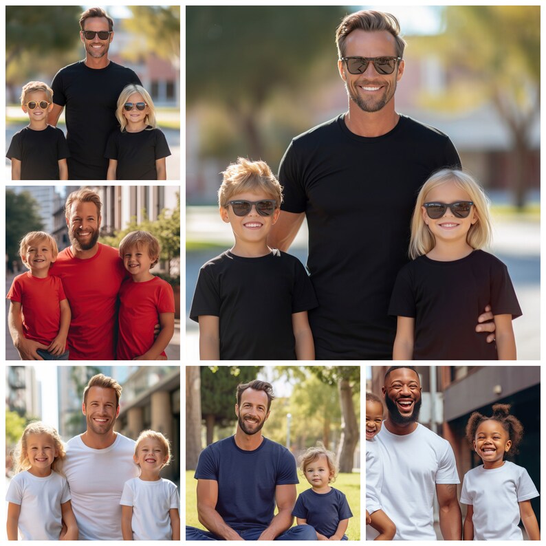 K&ouml;nnte beinhalten: Eine Collage aus Fotos, die Familien zeigen, die Sonnenbrillen tragen. Die Fotos zeigen einen Vater und zwei Kinder, einen Vater und zwei Kinder, einen Vater und ein Kind sowie einen Vater und zwei Kinder. Alle V&auml;ter tragen schwarze T-Shirts, und die Kinder tragen verschiedene Farben.