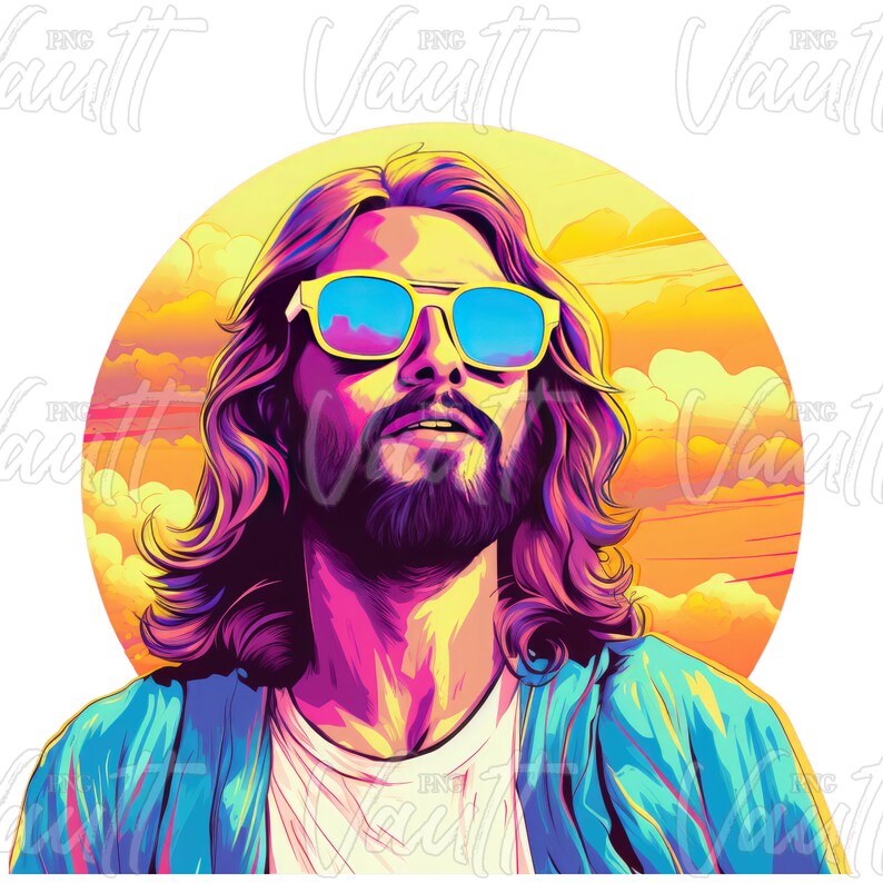 Puede incluir: Una vibrante ilustraci&oacute;n digital de una persona con cabello largo y barba que usa gafas de sol con montura amarilla y lentes azules. La persona est&aacute; situada contra un fondo de sol amarillo y nubes naranjas, con una chaqueta azul.