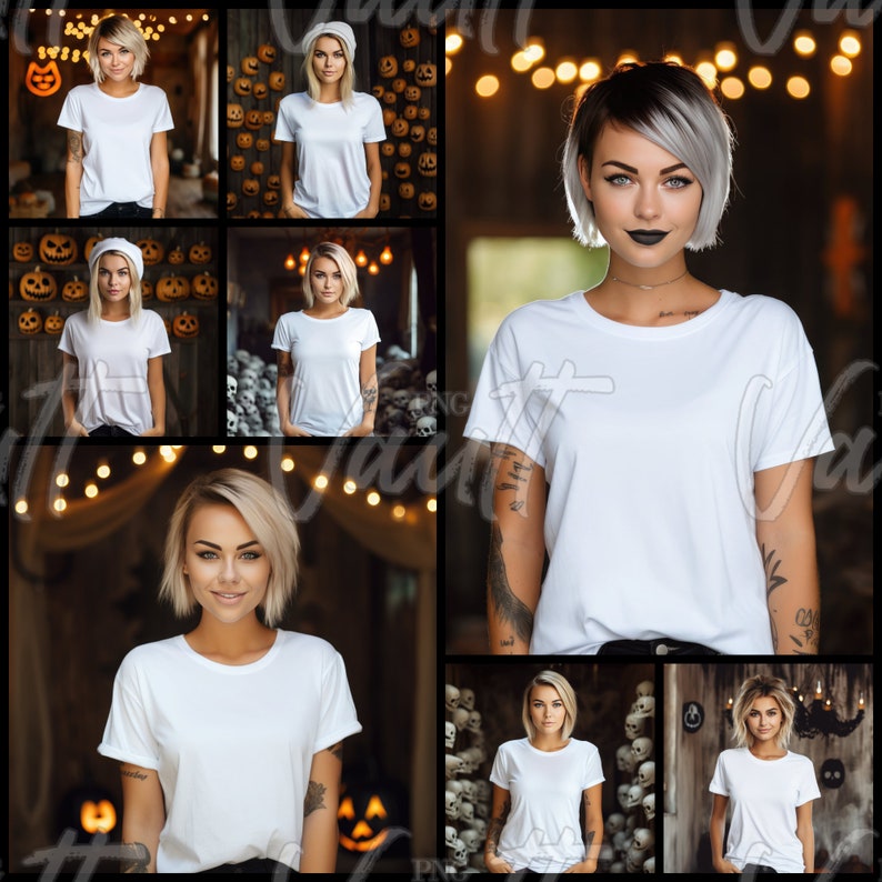 May include: A collage of images featuring a woman wearing a white t-shirt in various settings. The woman is standing in front of a wall decorated with pumpkins, a wall with skulls, and a dark background with string lights. The woman is also standing in front of a wooden wall with a chandelier.