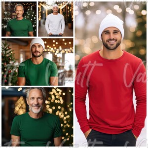 May include: Four men wearing different colored t-shirts. The men are wearing white beanies. The men are standing in front of a blurred background.
