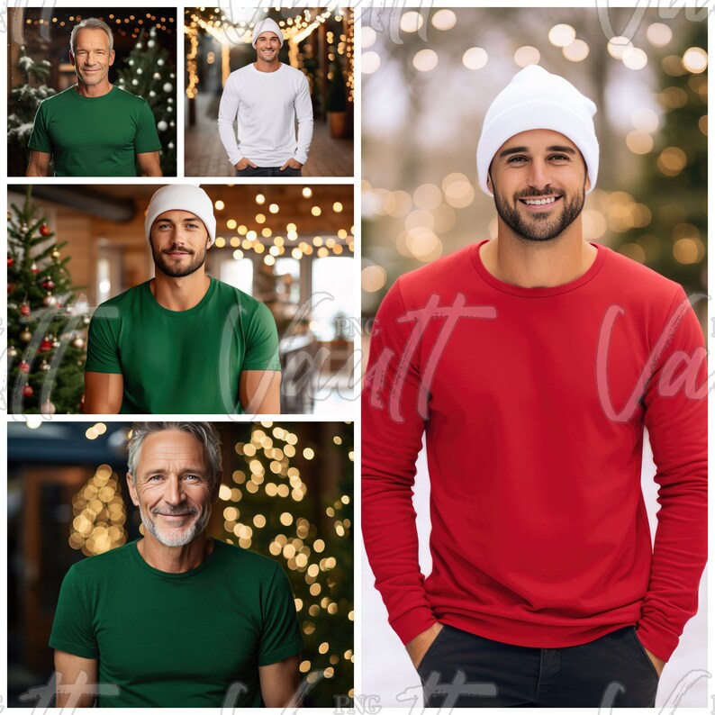 May include: Four men wearing different colored t-shirts. The men are wearing white beanies. The men are standing in front of a blurred background.